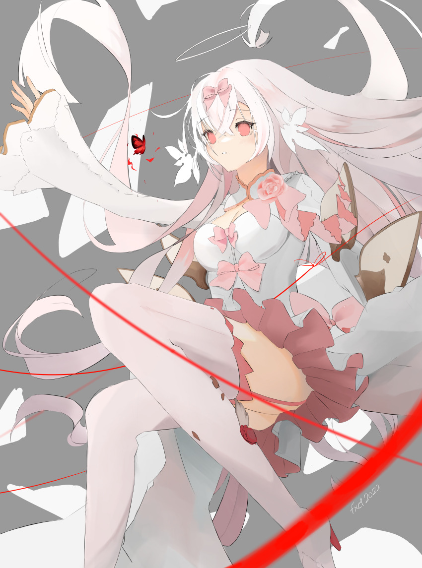 1girl, :o, absurdres, arcaea, bdsm, bondage, bound, bow, breasts, bug, butterfly, cleavage, detached_wings, dress, flower, gloves, highres, hikari_(arcaea), hikari_(fatalis)_(arcaea), insect, long_sleeves, mechanical_wings, medium_breasts, pink_bow, pink_eyes, pink_flower, pink_hair, red_butterfly, sidelocks, solo, thighhighs, user_nwht2772, white_dress, white_gloves, white_thighhighs, wide_sleeves, wings