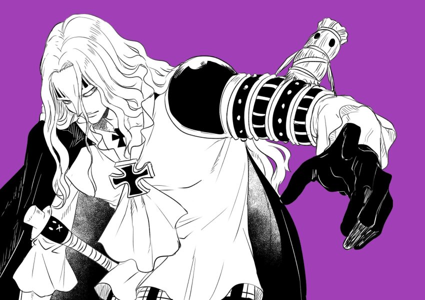 1boy, armor, basil_hawkins, cape, closed_mouth, cross, cross_patty, facial_mark