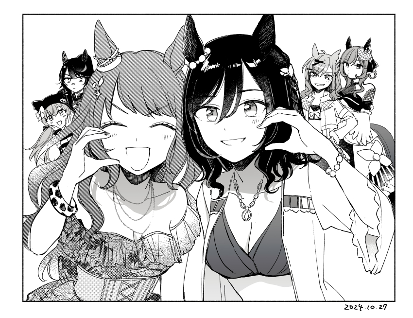 6+girls, ^_^, absurdres, animal_ears, bangle, bare_shoulders, bead_bracelet, beads, bikini, border, bracelet, breasts, broken_heart_hands, cleavage, closed_eyes, dated, dress, ear_ornament, eishin_flash_(reines_plaetschern)_(umamusume), eishin_flash_(umamusume), gentildonna_(umamusume), greyscale, hair_ornament, hat, highres, horse_ears, jacket, jewelry, jungle_pocket_(umamusume), long_hair, looking_at_viewer, mayano_top_gun_(rockin'_mewmeow)_(umamusume), mayano_top_gun_(umamusume), monochrome, multiple_girls, narita_brian_(umamusume), necklace, off-shoulder_dress, off_shoulder, open_clothes, open_jacket, open_mouth, short_hair, small_breasts, smile, swimsuit, tosen_jordan_(aurore_vacances)_(umamusume), tosen_jordan_(umamusume), umamusume, upper_body, v-shaped_eyebrows, yonu_(yonurime)