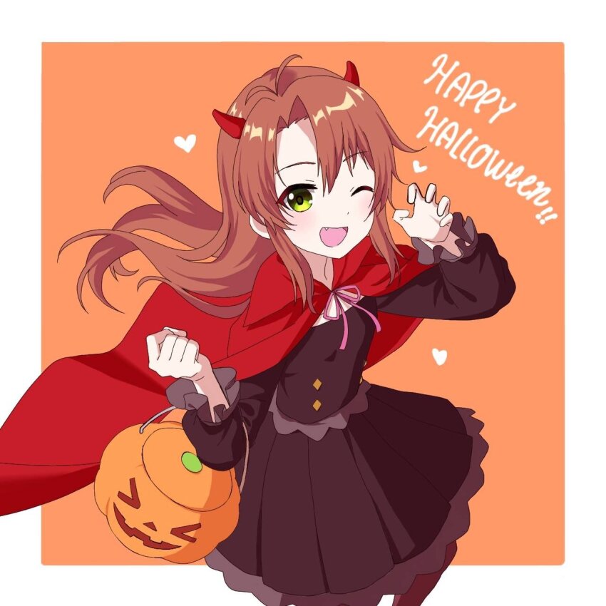 1girl, brown_hair, candy_basket, english_text, fake_horns, fang, female_focus, green_eyes