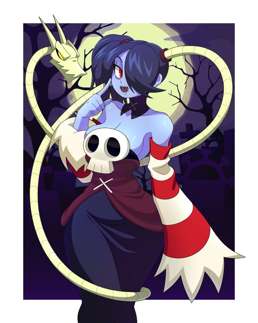 1girl, atomicjosuke, bare_shoulders, blue_skin, breasts, colored_skin, detached_collar, detached_sleeves