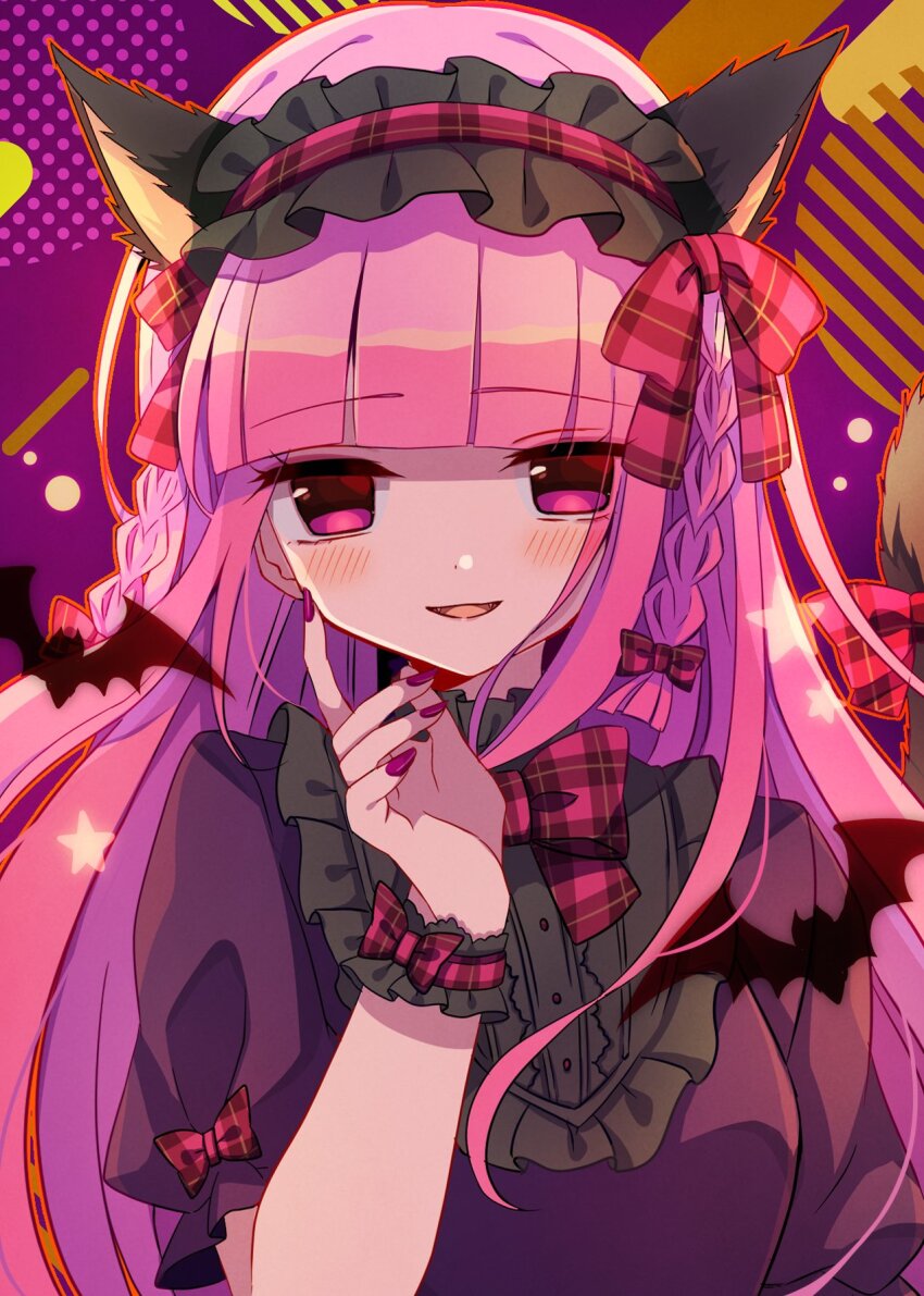 1girl, animal_ears, bat_(animal), bluestar_iz, blunt_bangs, blush, bow, braid, dress, fangs, frilled_hairband, frills, hairband, halloween, hand_up, highres, long_hair, looking_at_viewer, pink_eyes, pink_hair, pink_nails, plaid_bow, puffy_sleeves, red_bow, solo, tail, tail_bow, tail_ornament, upper_body, witch's_heart, wolf_ears, wolf_tail, wrist_cuffs, zizel_(witch's_heart)