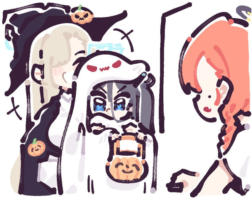 294_(ranaga), 3girls, ^_^, aris_(blue_archive), asuna_(blue_archive), asymmetrical_bangs, black_cloak, black_hair