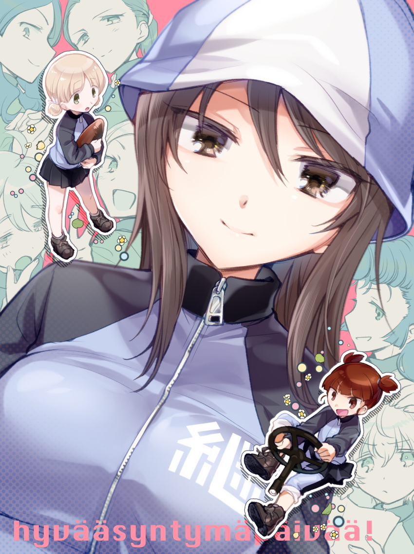 6+girls, absurdres, aki_(girls_und_panzer), ankle_boots, ari_(girls_und_panzer), black_footwear, black_skirt, blue_hat