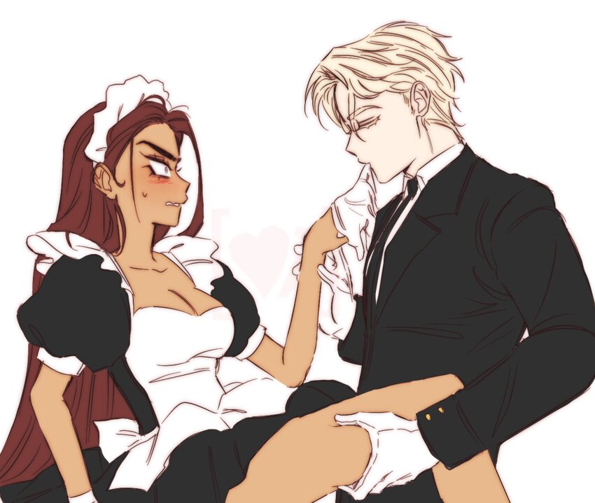 1boy, 1girl, alien_stage, apron, black_dress, black_jacket, black_necktie, blonde_hair, blush, brown_hair, closed_eyes, commentary, dark-skinned_female, dark_skin, dress, frilled_apron, frills, gloves, grey_eyes, heartiaac, hetero, highres, holding_another's_wrist, hyuna_(alien_stage), jacket, long_hair, luka_(alien_stage), maid, maid_apron, maid_headdress, mouth_hold, necktie, puffy_short_sleeves, puffy_sleeves, removing_glove, short_sleeves, simple_background, sweatdrop, untranslatable_commentary, thigh_grab, very_long_hair, white_apron, white_background, white_gloves