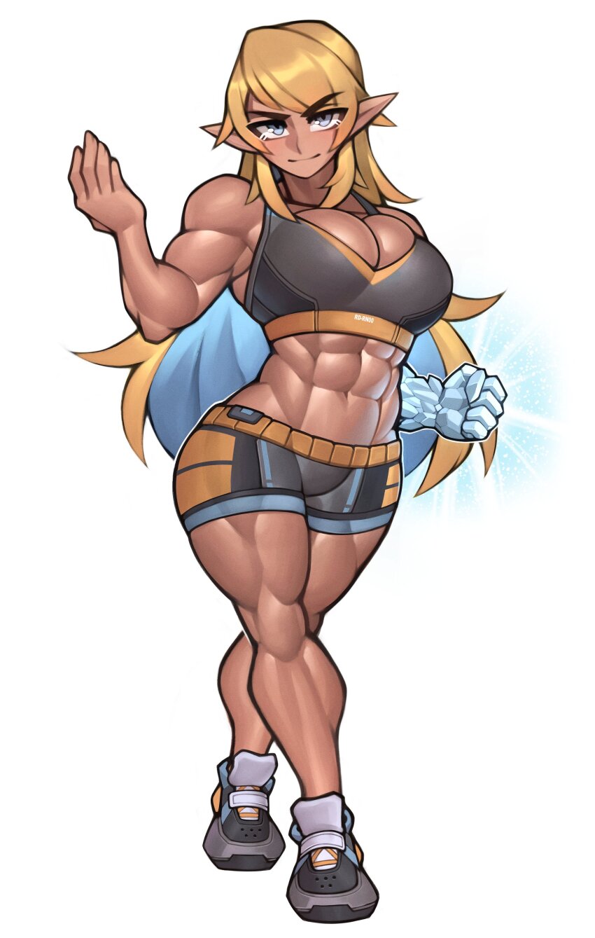 1girl, abs, absurdres, biceps, blonde_hair, blue_eyes, borrowed_character, closed_mouth