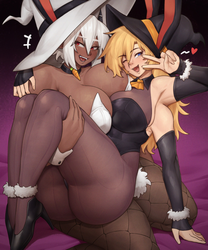 +++, 2girls, animal_ears, ass, black_footwear, black_gloves, black_hat, blonde_hair