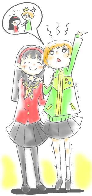 2girls, amagi_yukiko, atlus, chibi, crown, multiple_girls, muro, pantyhose, persona, persona_4, satonaka_chie, smile, speech_bubble, tiptoes