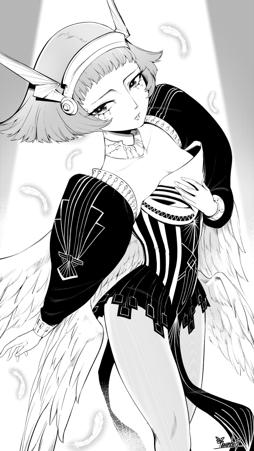 1girl, bare_legs, collarbone, commentary_request, crossed_legs, feathered_wings, feathers, feet_out_of_frame