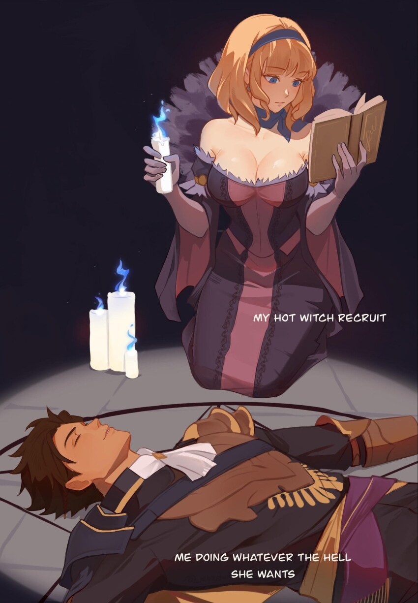 1boy, 1girl, armor, ascot, bare_shoulders, black_shirt, blonde_hair, blue_eyes