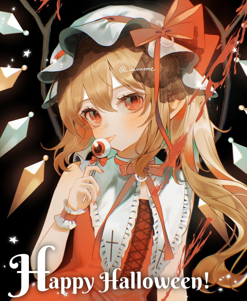 1girl, absurdres, adapted_costume, artist_name, bare_arms, black_background, blonde_hair, blood