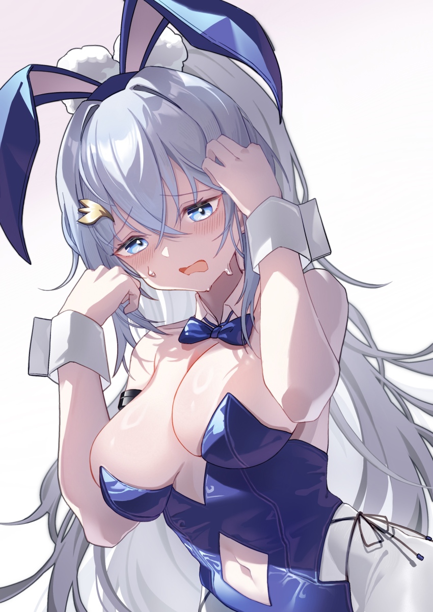 1girl, :o, absurdres, animal_ears, bare_shoulders, blue_eyes, blue_hair, blue_leotard