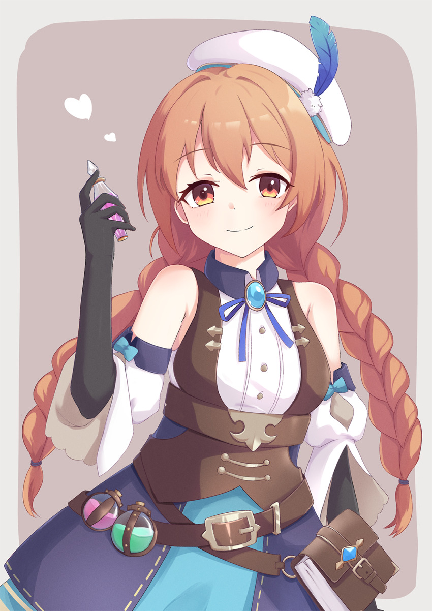 1girl, bag, belt, belt_buckle, beret, black_gloves, blue_dress, blue_feathers