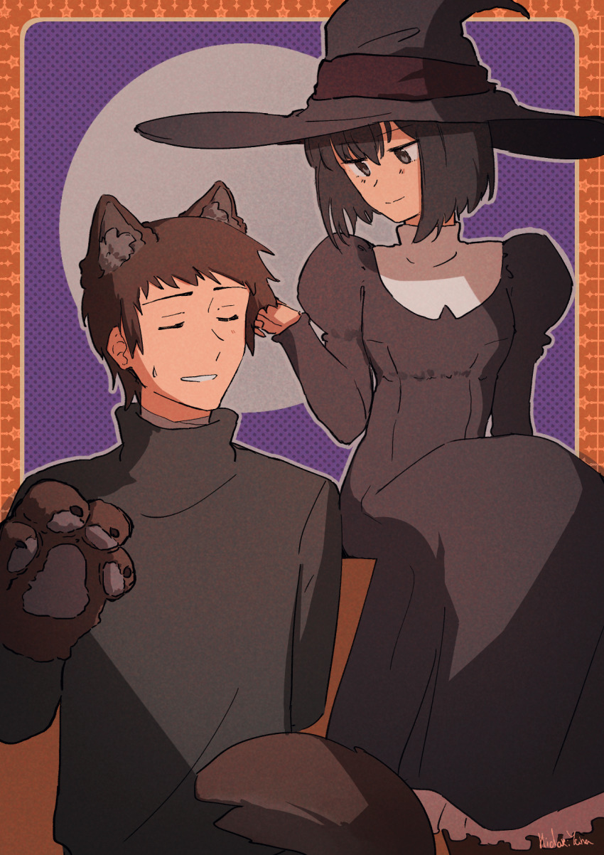 1boy, 1girl, animal_ear_fluff, animal_ears, animal_hands, artist_name, black_dress, black_hair