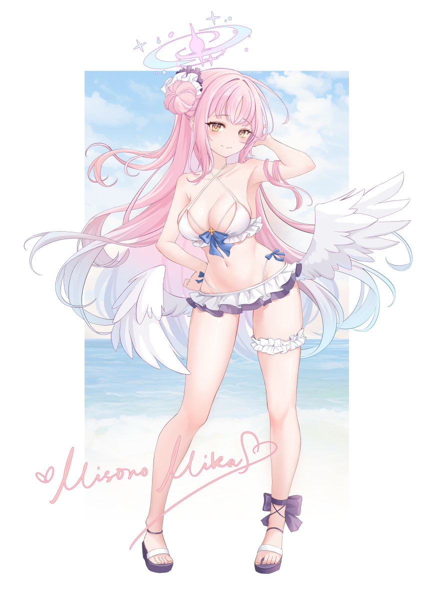 1girl, absurdres, alternate_costume, ankle_ribbon, bare_shoulders, bikini, blue_archive, blue_bow, blue_hair, blush, bow, breasts, character_name, cleavage, closed_mouth, collarbone, commentary_request, criss-cross_halter, feathered_wings, full_body, gradient_hair, hair_bun, halo, halterneck, hand_in_own_hair, hand_on_own_hip, hand_up, highres, large_breasts, leg_ribbon, light_blue_hair, loisning, long_hair, looking_at_viewer, low_wings, mika_(blue_archive), multicolored_hair, navel, panties, pink_hair, purple_ribbon, ribbon, sandals, smile, solo, standing, stomach, swimsuit, thigh_strap, toenails, underwear, very_long_hair, white_bikini, white_panties, white_wings, wings, yellow_eyes