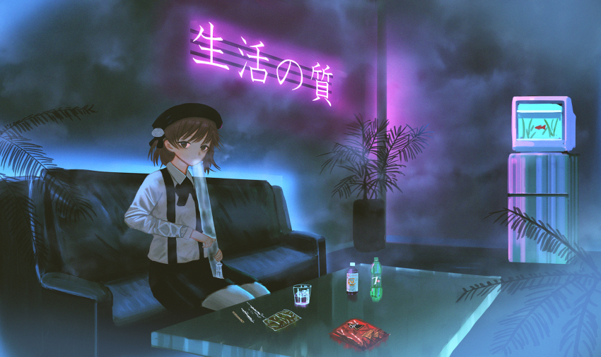 1girl, 7up, black_bow, black_bowtie, black_eyes, black_hat, black_shorts, bong, bow, bowtie, brown_hair, cocaine, collared_shirt, commentary, couch, crt, doritos, drugged, drugs, english_commentary, feet_out_of_frame, glass_table, hat, hatoba_tsugu, highres, indoors, kojomi_(7j543), lean_(drink), looking_at_viewer, marijuana, neon_lights, plant, potted_plant, refrigerator, shirt, short_hair, shorts, smoke, solo, suspenders, table, television, tsugu_(vtuber), virtual_youtuber, white_shirt