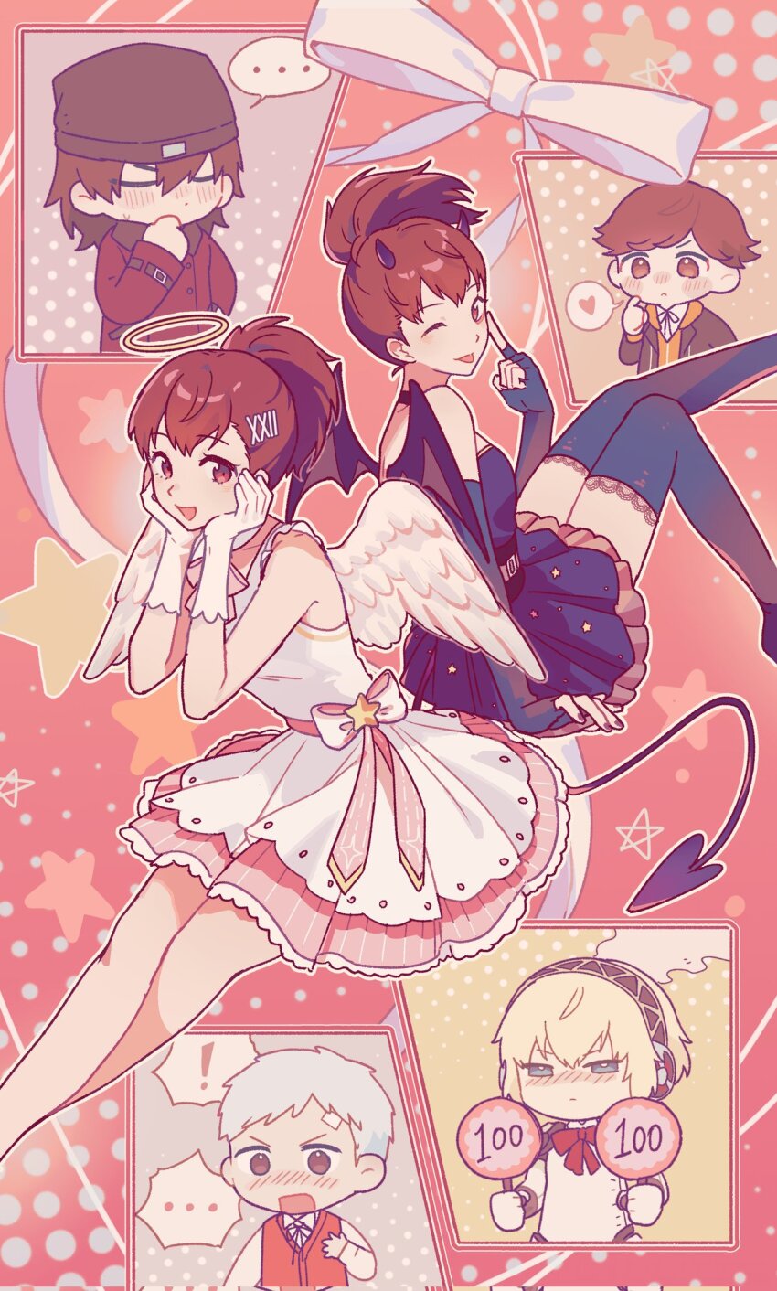 !, ..., 2girls, 3boys, aigis_(persona), akanbe, alternate_costume, amada_ken, android, angel_wings, aragaki_shinjirou, beanie, black_dress, black_gloves, black_thighhighs, blonde_hair, blush, breasts, brown_hair, chibi, closed_eyes, coat, commentary_request, corrupted_twitter_file, demon_horns, demon_tail, demon_wings, dress, eyelid_pull, feathered_wings, fingerless_gloves, gegeblue, gloves, halo, hat, heart, highres, holding, hood, hood_down, horns, multiple_boys, multiple_girls, multiple_views, nose_blush, one_eye_closed, open_mouth, persona, persona_3, persona_3_portable, red_coat, red_sweater_vest, sanada_akihiko, scorecard, shiomi_kotone, shirt, short_hair, sign, sleeveless, sleeveless_dress, spoken_ellipsis, spoken_exclamation_mark, spoken_heart, star_(symbol), sweater_vest, tail, thighhighs, tongue, tongue_out, white_dress, white_gloves, white_shirt, wings