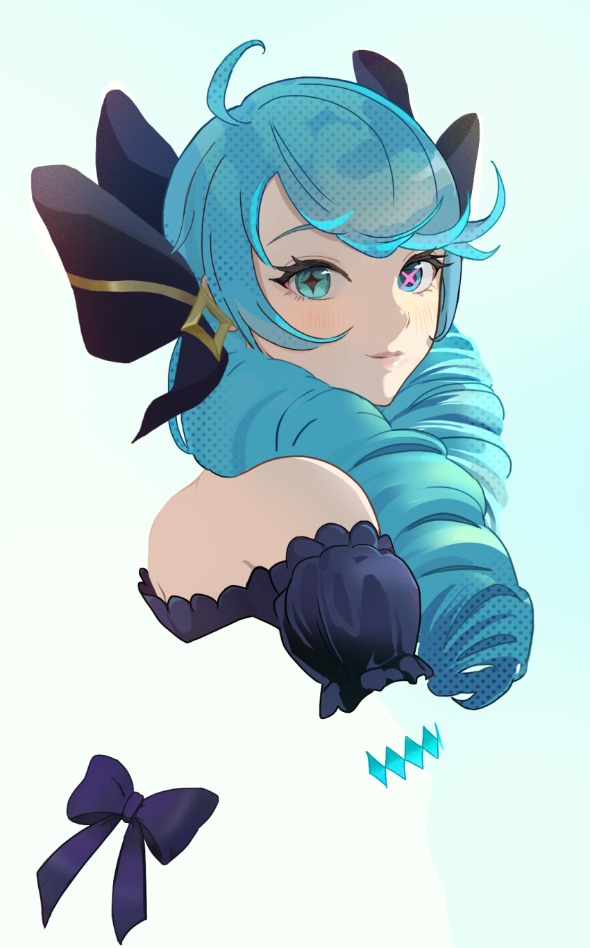 1girl, bare_shoulders, black_bow, blue_hair, bow, detached_sleeves, green_eyes, gwen_(league_of_legends)