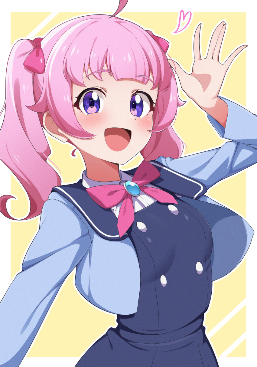 :d, absurdres, ahoge, aozora_himari, blue_dress, blue_jacket, blush, bow, bowtie, brooch, collared_shirt, cropped_jacket, dot_nose, dress, hair_bow, hand_up, highres, himitsu_no_aipri, jacket, jewelry, long_hair, looking_at_viewer, mujin_(mujinzairaisen), open_clothes, open_jacket, open_mouth, outline, paradise_private_academy_school_uniform, pink_bow, pink_bowtie, pink_hair, pretty_series, purple_eyes, salute, school_uniform, shirt, smile, standing, twintails, upper_body, white_background, white_outline, white_shirt, yellow_background