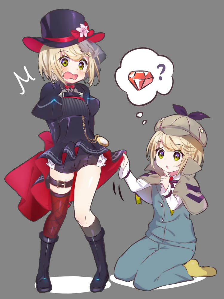 2girls, asymmetrical_legwear, black_dress, blonde_hair, boots, brown_capelet, capelet, clothes_lift