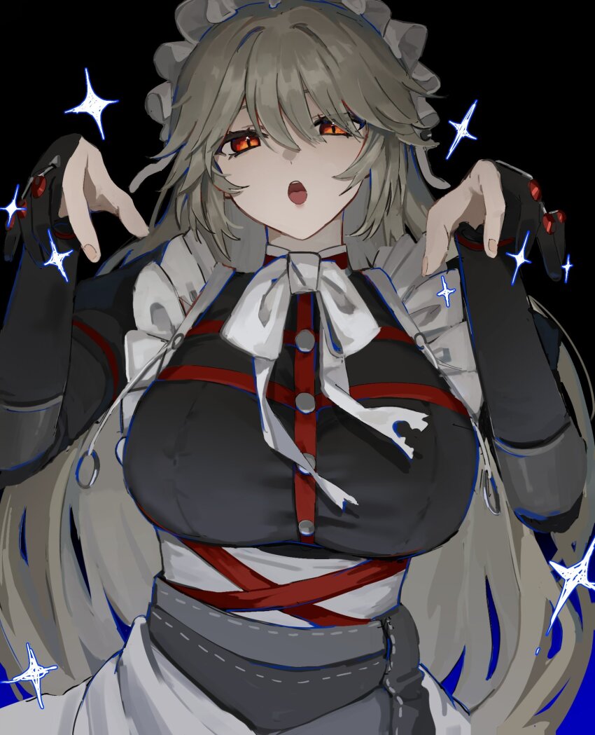 1girl, alexandrina_sebastiane, black_background, blue_background, breasts, gloves, gradient_background, hair_between_eyes, highres, large_breasts, light_brown_hair, long_hair, looking_at_viewer, maid, maid_headdress, nijikun, open_mouth, partially_fingerless_gloves, red_eyes, sidelocks, simple_background, solo, sparkle, teeth, upper_body, upper_teeth_only, zenless_zone_zero