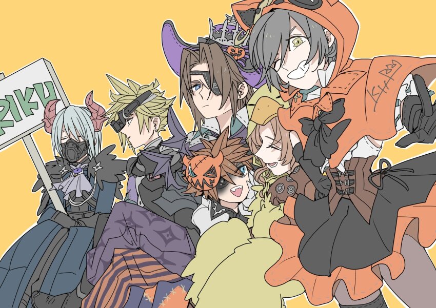 2girls, 4boys, aerith_gainsborough, aerith_gainsborough_(chocobo_suit), alternate_costume, ascot, black_bow, black_feathers, black_footwear, black_gloves, black_skirt, blonde_hair, blue_coat, blue_eyes, boots, bow, bowtie, brown_corset, brown_hair, cait_sith_(final_fantasy), cait_sith_(final_fantasy)_(cosplay), cait_sith_(pumpkin_jacket), character_name, chocobo_costume, closed_eyes, cloud_strife, cloud_strife_(bandaged_coat), coat, commentary_request, corset, cosplay, crossed_arms, crossed_legs, earrings, expressionless, eyepatch, fangs, feather_trim, feathers, final_fantasy, final_fantasy_vii, final_fantasy_viii, foreshortening, frilled_skirt, frills, gem, gloves, grey_hair, grin, hair_over_one_eye, halloween, halloween_costume, hands_up, hat, hat_bow, highres, holding, holding_sign, hood, hood_up, horns, jack-o'-lantern, jewelry, kingdom_hearts, long_hair, looking_at_another, mask, mask_on_head, mouth_mask, multicolored_pants, multiple_boys, multiple_girls, official_alternate_costume, open_mouth, orange_hood, orange_pants, oshibainoticket, outline, pants, pantyhose, pinstripe_pants, pinstripe_pattern, purple_gem, purple_hat, purple_pants, red_horns, riku_(kingdom_hearts), scar, scar_on_face, sephiroth, sephiroth_(cosplay), short_hair, sign, sitting, skirt, smile, sora_(halloween_town)_(kingdom_hearts), sora_(kingdom_hearts), spiked_hair, squall_leonhart, striped_bow, stud_earrings, upper_body, white_ascot, white_gloves, white_outline, wing_collar, yellow_background, yellow_eyes, yuffie_kisaragi, yuffie_kisaragi_(nanaki_mantle)