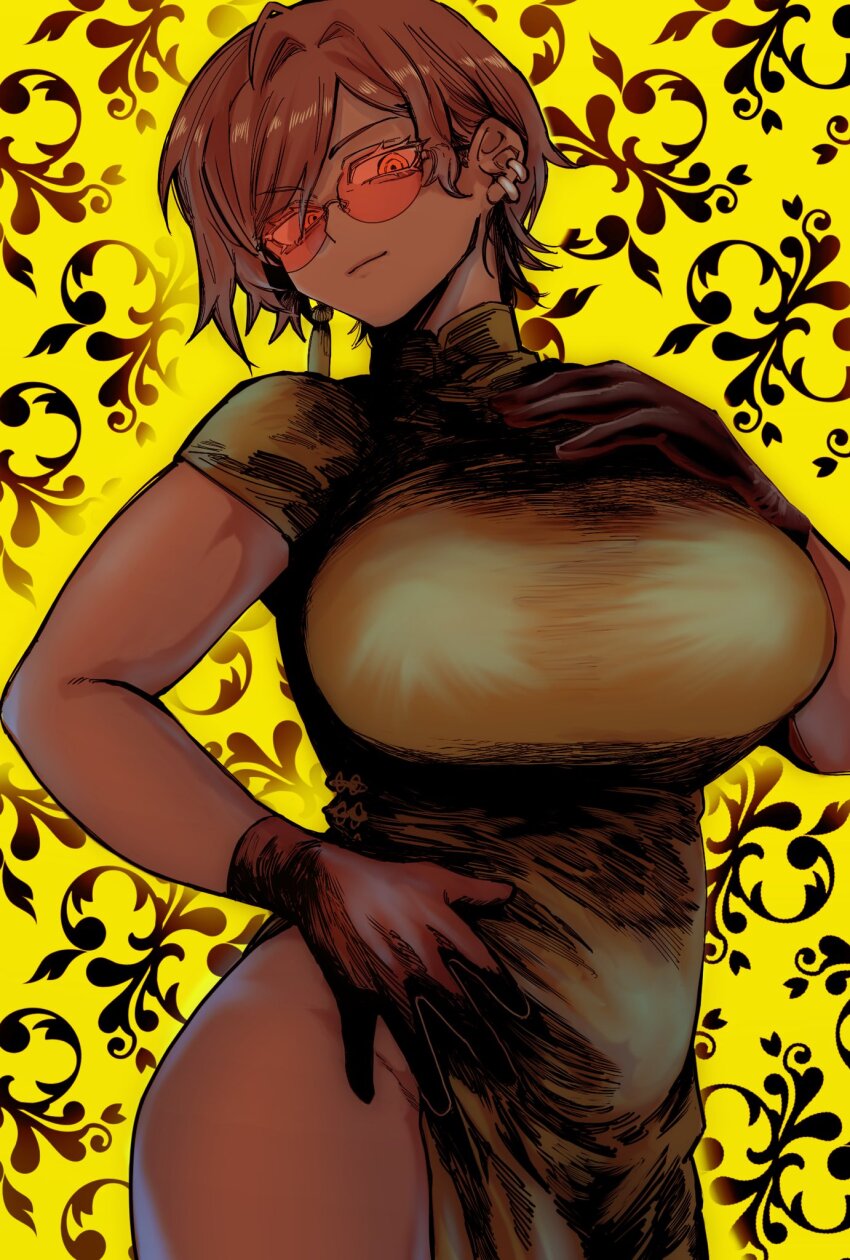 1girl, black_gloves, breasts, brown_theme, china_dress, chinese_clothes, closed_mouth, cowboy_shot