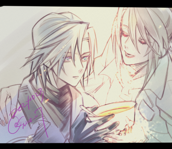 1boy, 1girl, brown_hair, coat, dated, final_fantasy, final_fantasy_vii, final_fantasy_vii:_ever_crisis