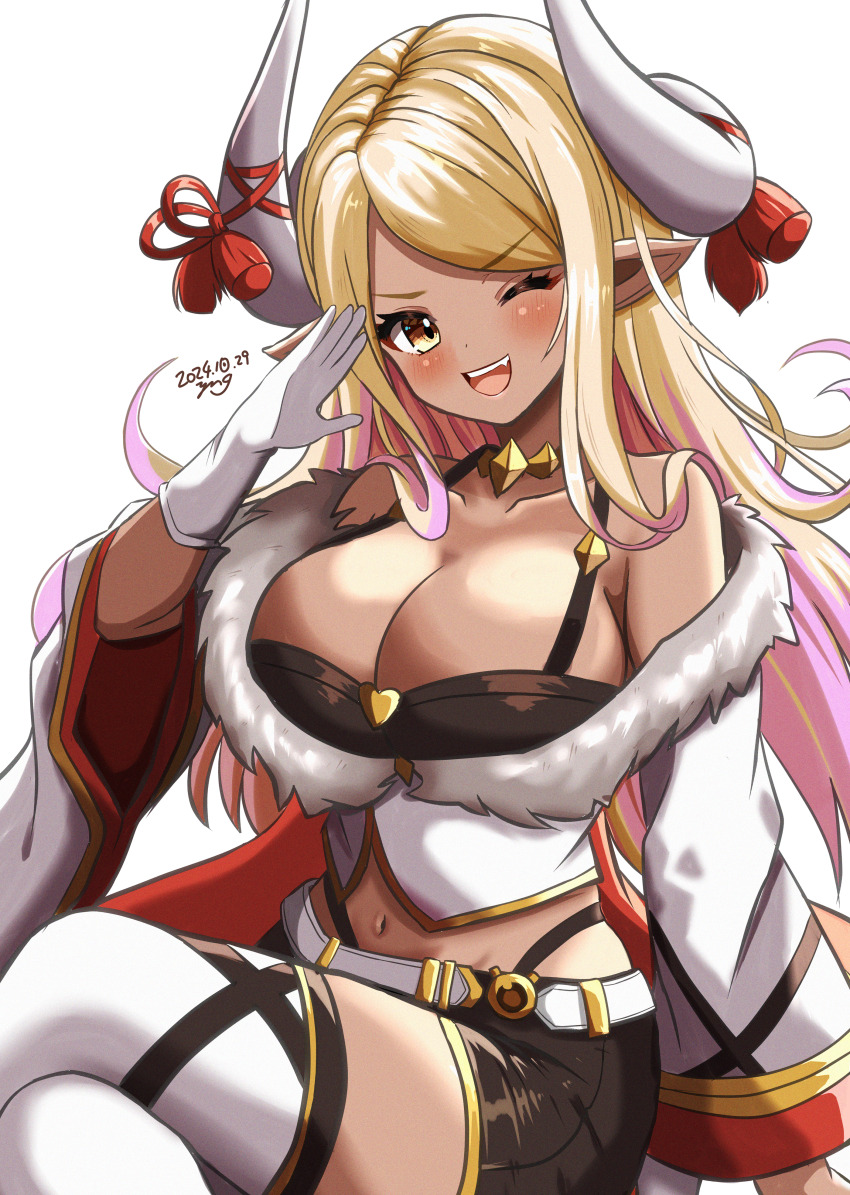 1girl, absurdres, bare_shoulders, blonde_hair, breasts, cleavage, dark-skinned_female, dark_skin