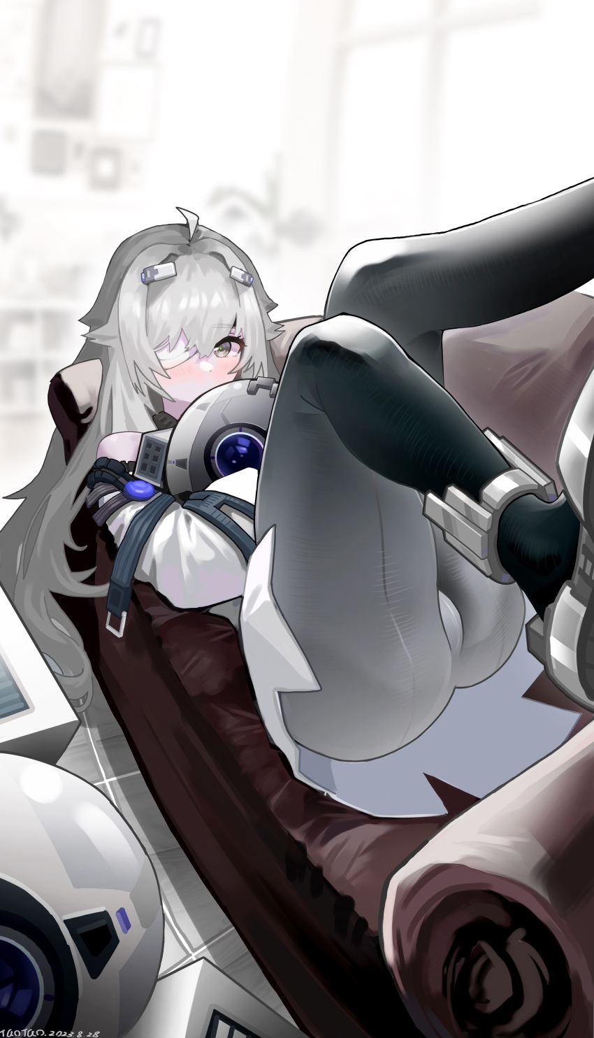 1girl, 1other, absurdres, ahoge, ass, bandage_over_one_eye, black_pantyhose, couch, detached_sleeves, drone, grey_eyes, grey_hair, hair_intakes, highres, hug, long_hair, long_sleeves, looking_at_viewer, no._21's_buddy_(pgr), no._21:_xxi_(pgr), no._21_(pgr), non-humanoid_robot, on_couch, pantyhose, punishing:_gray_raven, robot, sidelocks, taotao_bujue, very_long_hair