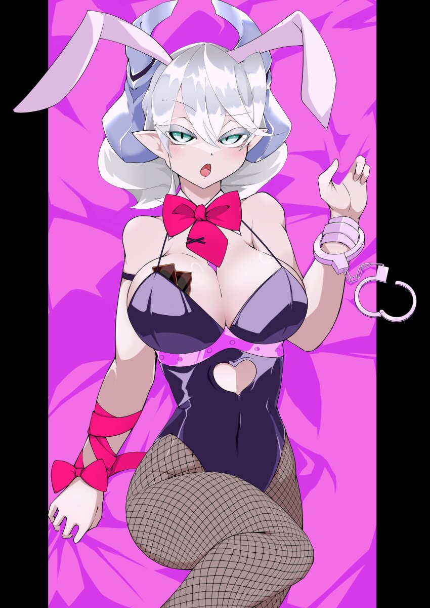1girl, absurdres, animal_ears, bare_shoulders, black_leotard, breasts, chest_harness, cleavage, clothing_cutout, cowboy_shot, cuffs, cutout_above_navel, drill_hair, duel_monster, eriya_(erizatta0045), fake_animal_ears, fishnets, grey_eyes, grey_hair, handcuffs, harness, heart_cutout, highres, large_breasts, leotard, long_hair, lovely_labrynth_of_the_silver_castle, lying, on_back, playboy_bunny, pointy_ears, rabbit_ears, rabbit_hole_(vocaloid), solo, spaghetti_strap, twin_drills, yu-gi-oh!