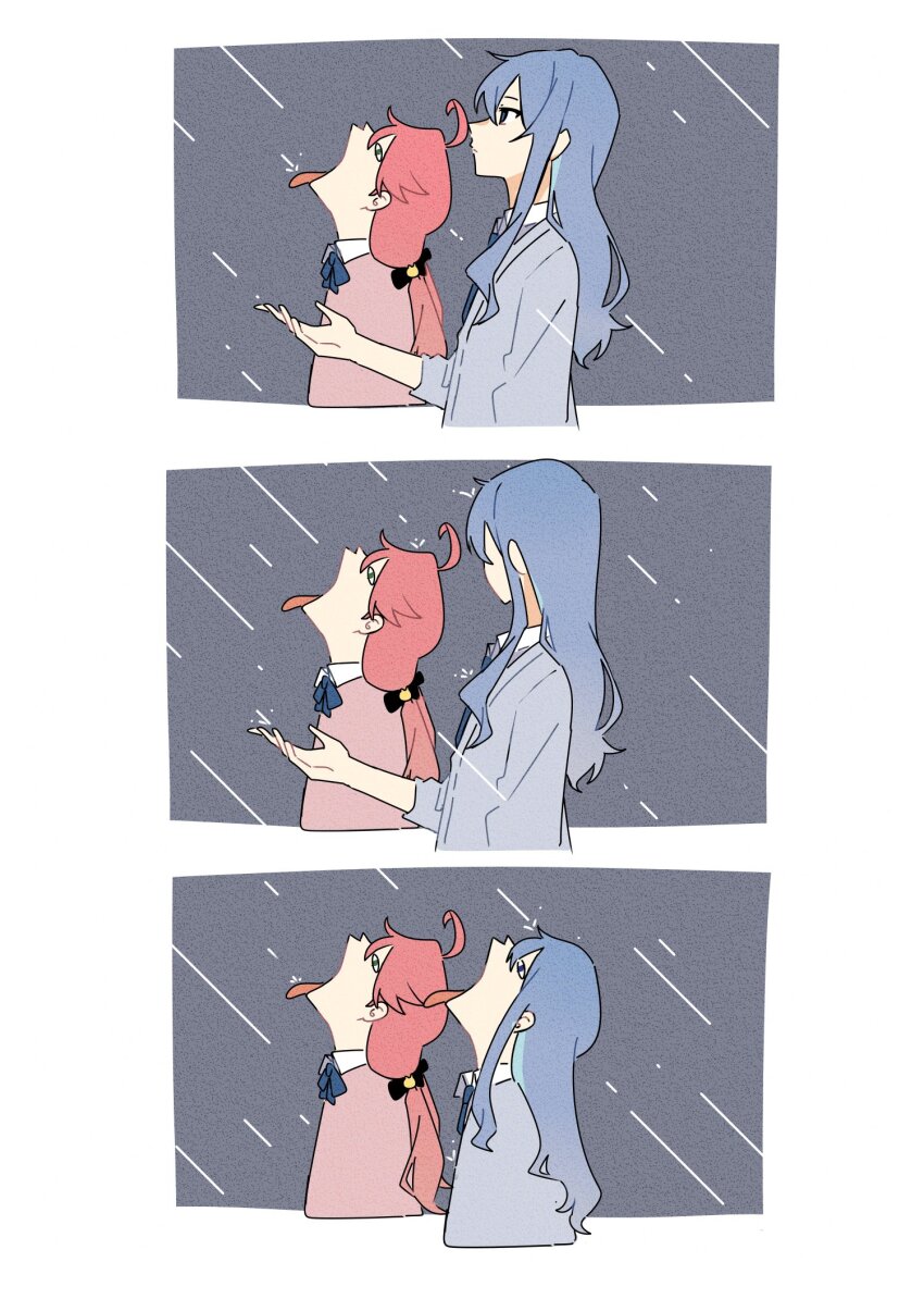 2girls, ahoge, blazer, blue_eyes, blue_hair, cardigan, collared_shirt, expressionless