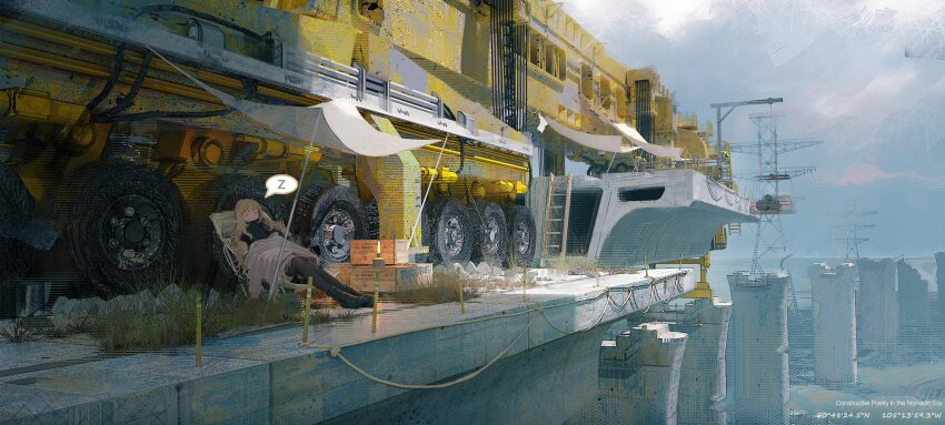 1girl, black_boots, black_thighhighs, blanket, boots, bridge, chair, closed_eyes