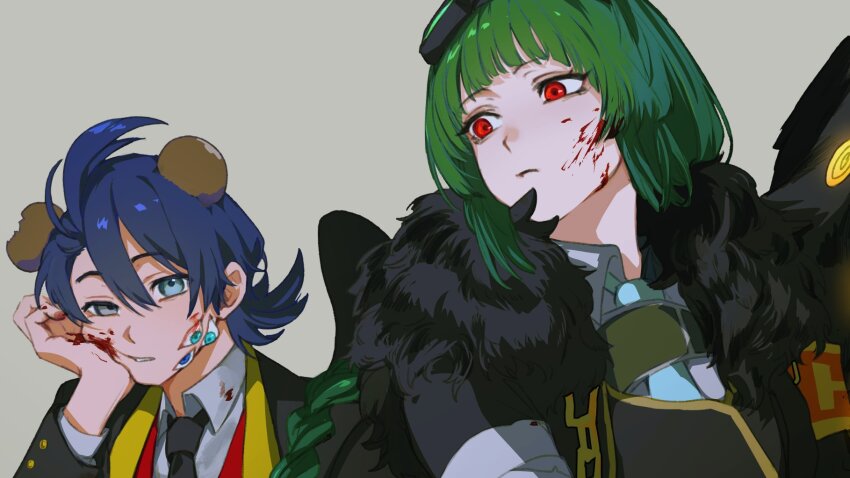 1boy, 1girl, animal_ears, bear_ears, black_coat, black_vest, blood, blood_on_face