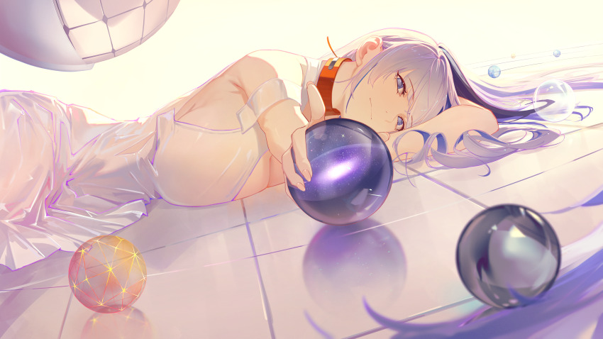 1girl, absurdres, armband, awakening_(neural_cloud), ball, blue_eyes, blue_hair, breasts