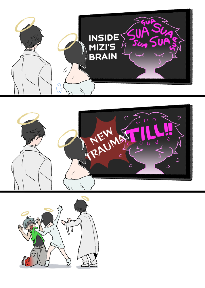 2boys, 2girls, alien_stage, arm_up, bare_shoulders, black_hair, boots, closed_eyes