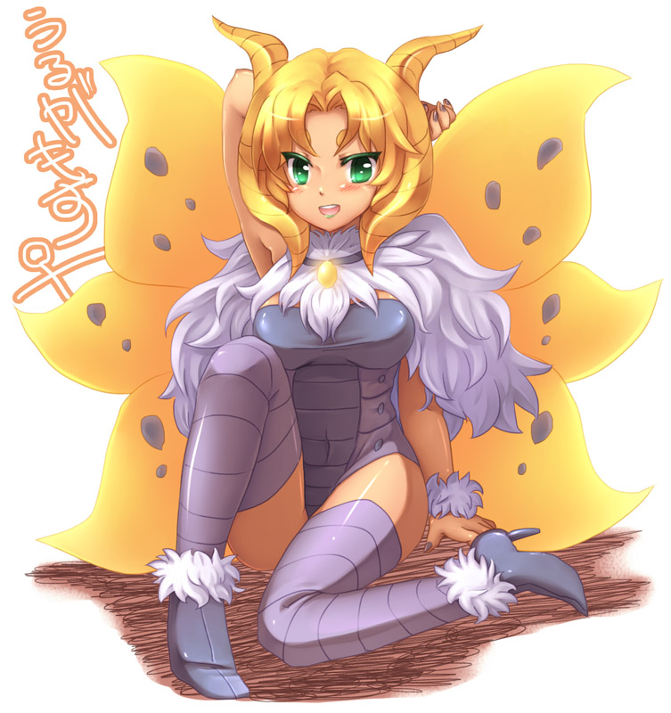 10s, 1girl, blonde_hair, blush, dd_tatsuki, gen_5_pokemon, green_eyes, high_heels, nail_polish, nintendo, personification, pokemon, pokemon_black_and_white, shoes, volcarona, wings