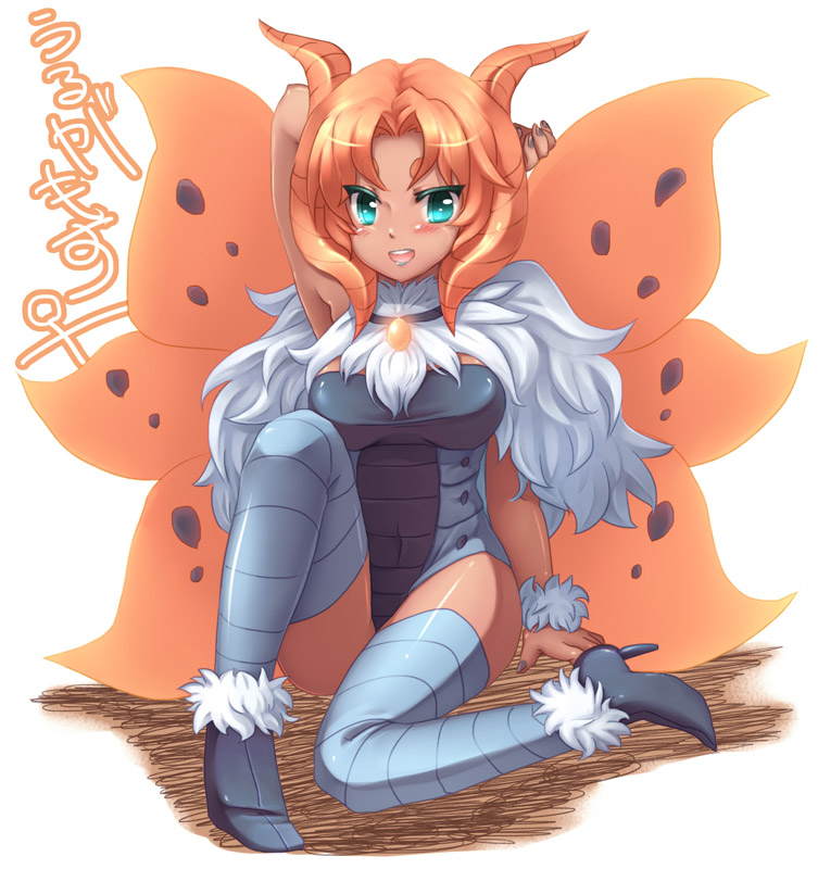 10s, 1girl, aqua_eyes, blush, dark_skin, dd_tatsuki, gen_5_pokemon, high_heels, nail_polish, nintendo, orange_hair, personification, pokemon, pokemon_black_and_white, shoes, volcarona, wings