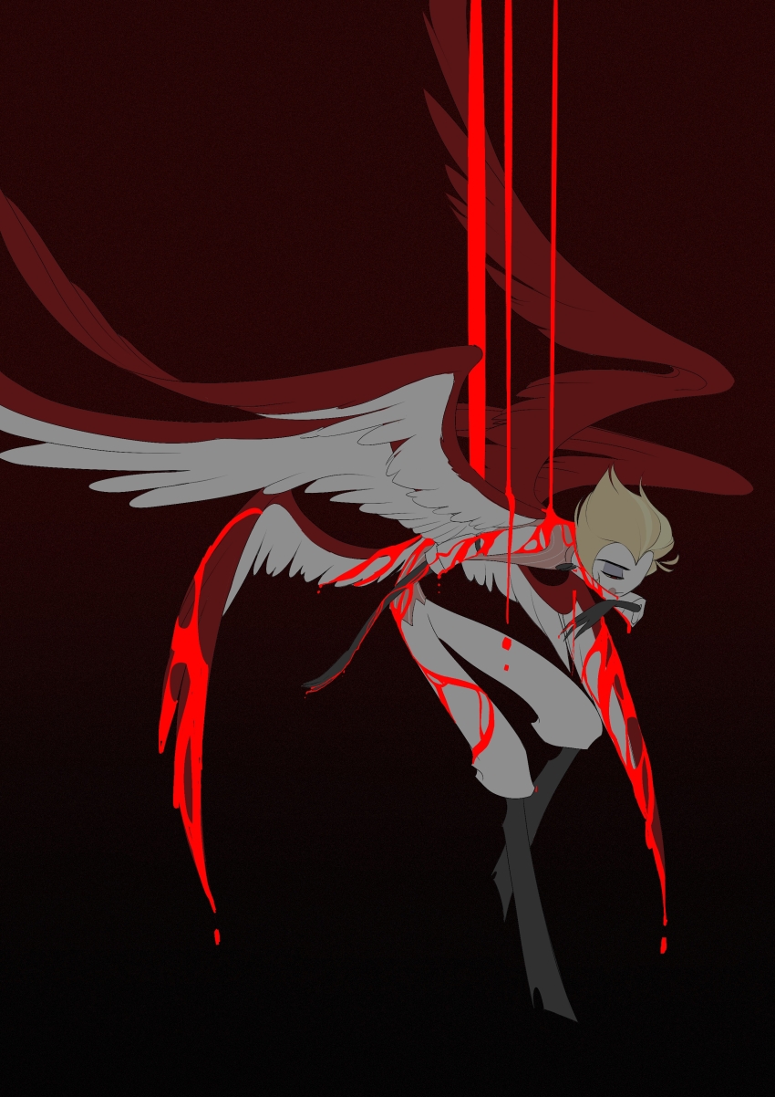 1boy, absurdres, angel_wings, blonde_hair, blood, blood_on_clothes, blush_stickers, demon_boy, feathered_wings, fine-x0356, hair_slicked_back, hazbin_hotel, hellaverse, highres, lucifer_morningstar_(hazbin_hotel), solo, wings