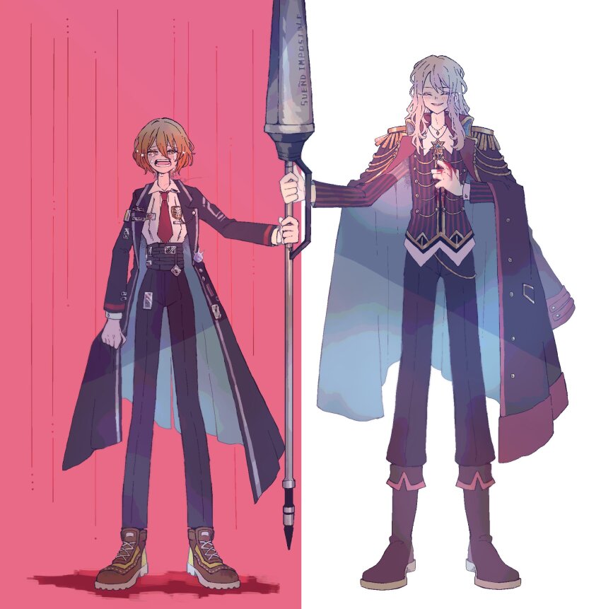 1boy, 1girl, aiguillette, black_pants, blood, blood_on_ground, boots, brown_footwear