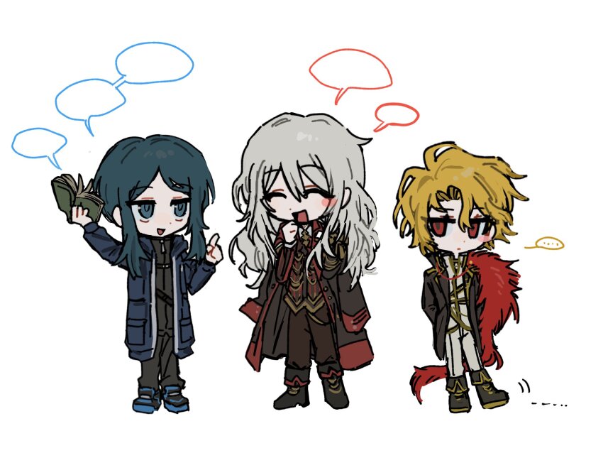 1boy, 2girls, bari_(project_moon), black_coat, black_footwear, black_pants, black_vest, blonde_hair