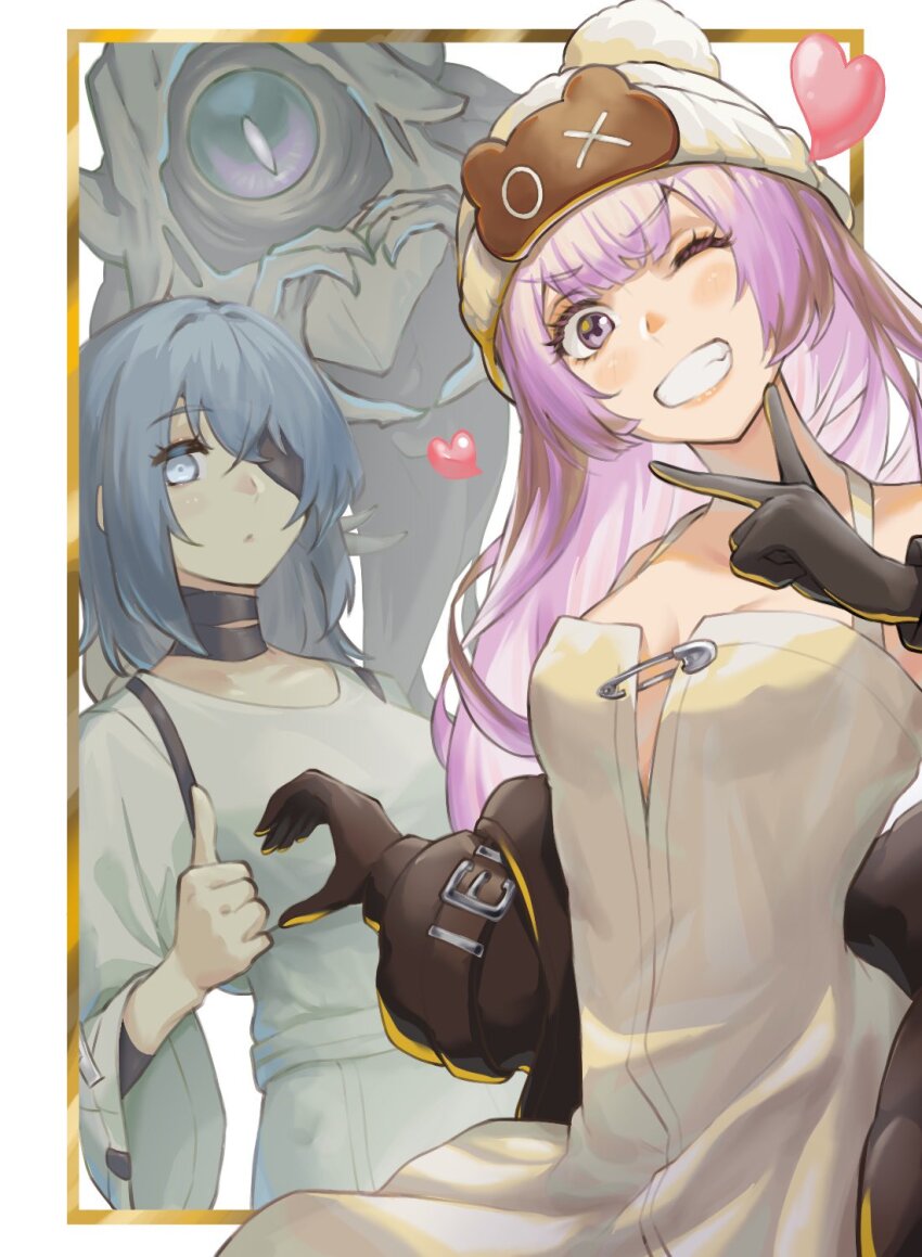 1other, 2girls, beanie, black_gloves, black_jacket, blindfold, blue_eyes, blue_hair