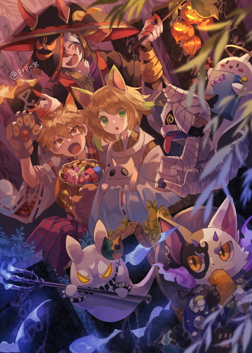 3boys, absurdres, alpha_(p&amp;d), animal_hands, black_hair, blonde_hair, dragon_horns, fingernails, fox, ghost, gloves, green_eyes, halloween, hat, highres, horns, japanese_clothes, jingasa, kariginu, multicolored_hair, multiple_boys, mummy_costume, omega_(p&amp;d), onmyouji, paw_gloves, puzzle_&amp;_dragons, rakulog, red_eyes, red_hair, sharp_fingernails, short_hair, smile, suou_(p&amp;d), white_hair
