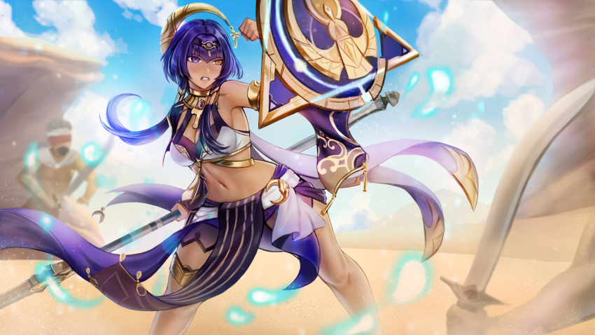 1girl, ancient_egyptian, ancient_egyptian_clothes, ankh, blue_hair, candace_(genshin_impact), eremite_(faction), eye_of_horus