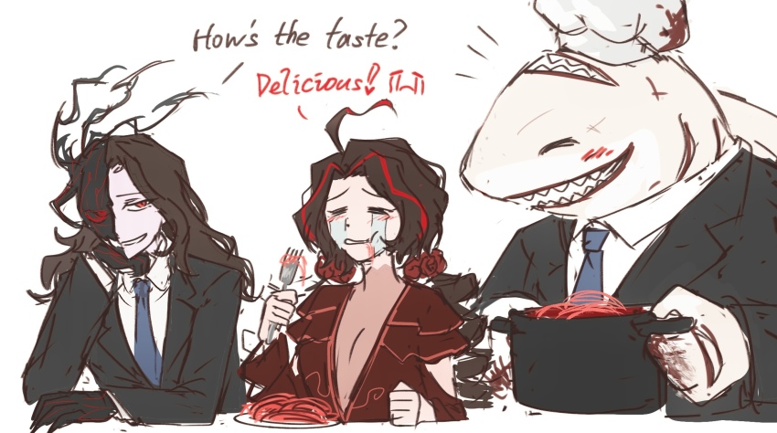 3girls, ahoge, nicolina_(project_moon), black_hair, black_skin, blood, blush, brown_hair