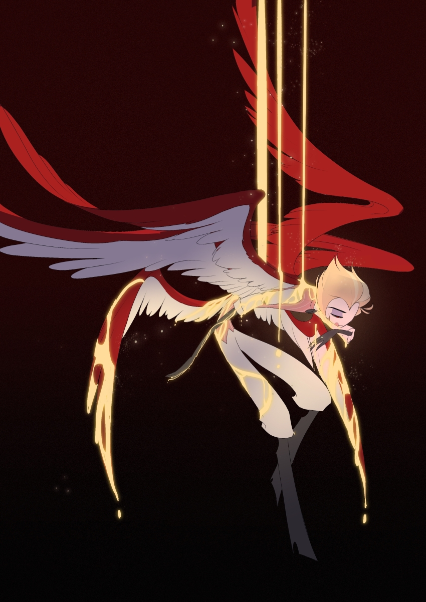 1boy, absurdres, blonde_hair, closed_eyes, feathered_wings, fine-x0356, gold_blood, hair_slicked_back, hazbin_hotel, hellaverse, highres, lucifer_morningstar_(dc), lucifer_morningstar_(hazbin_hotel), multiple_wings, pants, solo, white_pants, wings