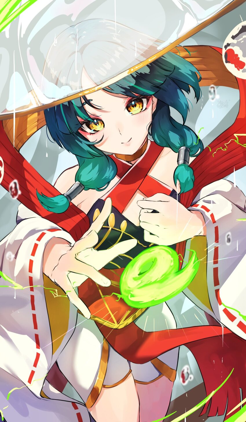 1girl, blue_hair, breasts, detached_sleeves, gradient_hair, green_hair, hair_ornament, highres