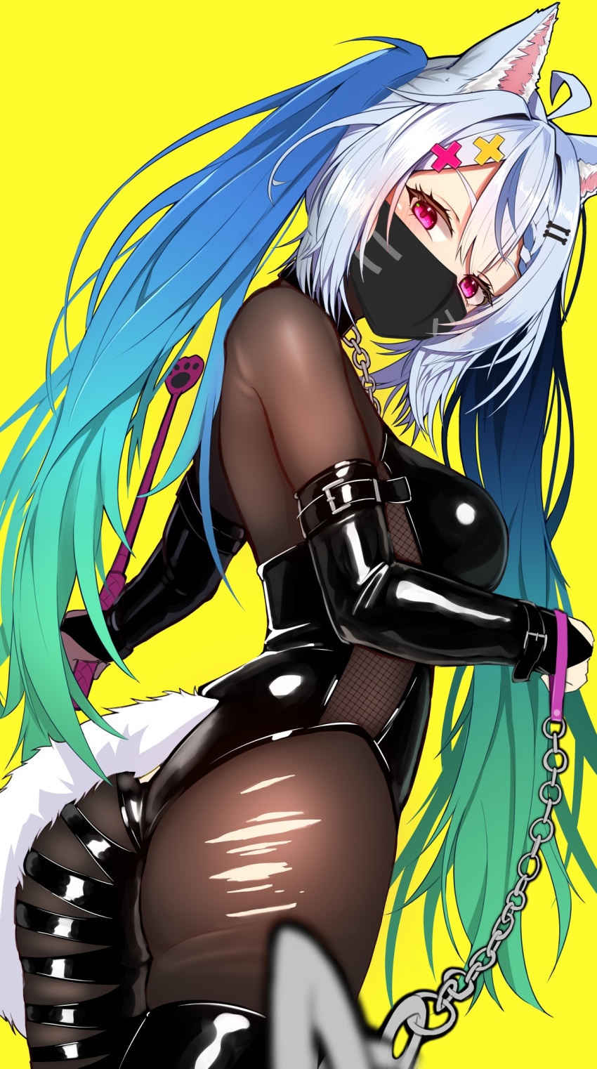 1girl, ahoge, animal_ears, ass, asymmetrical_legwear, black_bridal_gauntlets, black_leotard, black_mask, black_thighhighs, blue_hair, blush, bodystocking, bone_hair_ornament, breasts, bridal_gauntlets, chain, chain_leash, commission, cowboy_shot, dominatrix, varise, gradient_hair, green_hair, grey_hair, hair_ornament, hairclip, highres, holding, holding_whip, katsuten, latex, latex_leotard, latex_thighhighs, leash, leotard, long_hair, looking_at_viewer, mask, medium_breasts, mismatched_legwear, mouth_mask, multicolored_hair, nerou_vivi, pov, purple_eyes, simple_background, skeb_commission, solo, tail, thighhighs, twintails, very_long_hair, viewer_on_leash, virtual_youtuber, x_hair_ornament, yellow_background