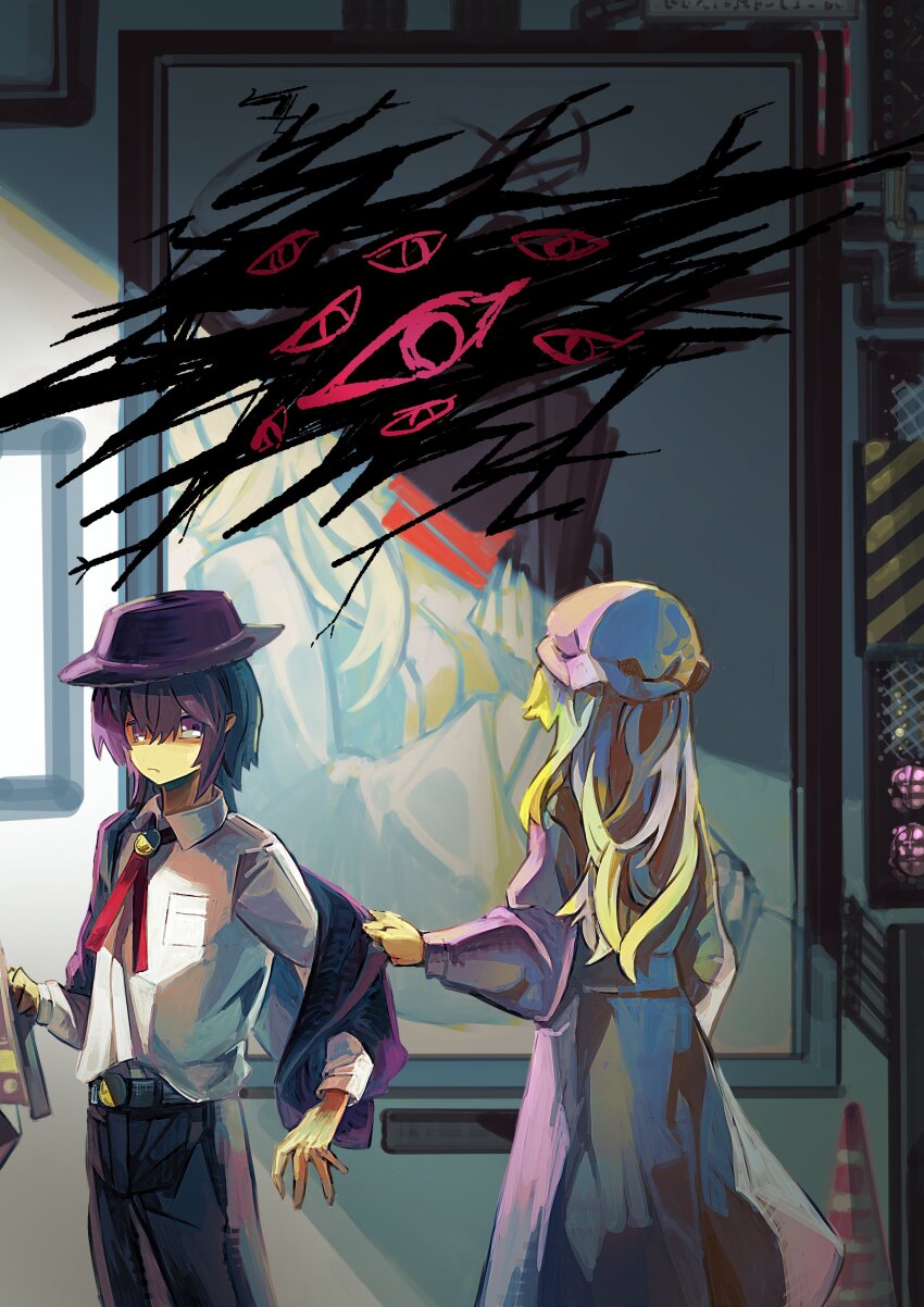 2girls, absurdres, blonde_hair, brown_hair, dress, fedora, gap_(touhou), hand_fan, hat, highres, holding, holding_fan, itsuki_o, long_hair, maribel_hearn, medium_hair, mob_cap, multiple_girls, painting_(object), pants, portrait, purple_dress, shirt, touhou, usami_renko, white_shirt, yakumo_yukari