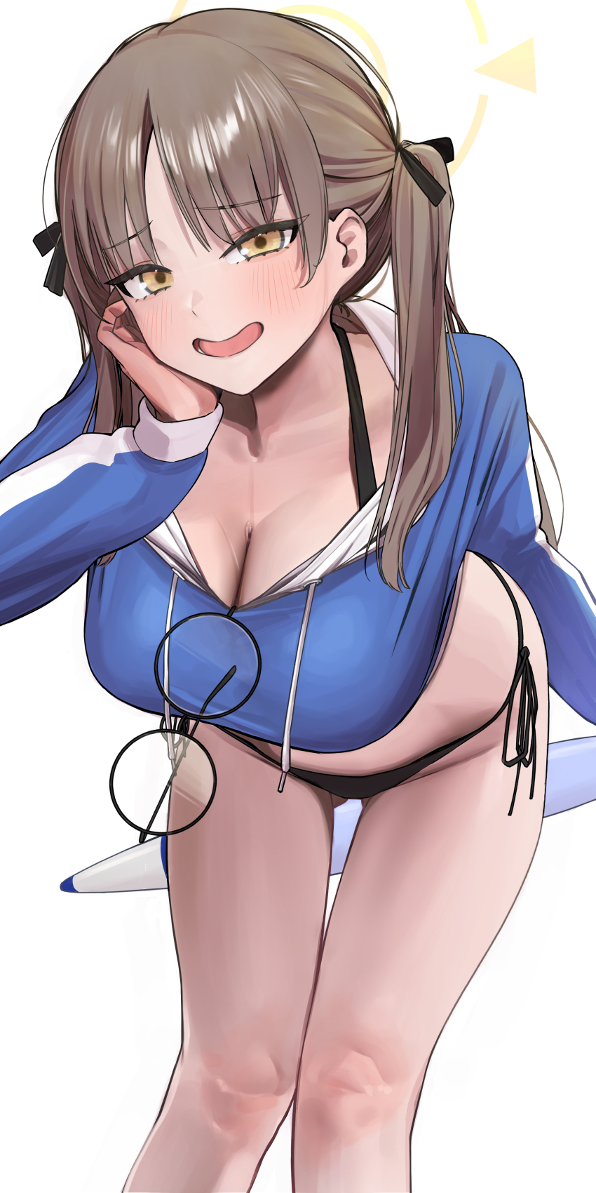 1girl, absurdres, bikini, bikini_bottom_only, black_bikini, blue_archive, blue_hoodie, blush, breasts, brown_hair, cleavage, commentary_request, cropped_hoodie, eyewear_hang, halo, hand_on_own_face, highres, hood, hoodie, inflatable_torpedo, large_breasts, looking_at_viewer, low_twintails, moe_(blue_archive), moe_(swimsuit)_(blue_archive), mushioicharax, official_alternate_costume, rash_guard, round_eyewear, side-tie_bikini_bottom, simple_background, smile, solo, swimsuit, twintails, unworn_eyewear, white_background, yellow_eyes, yellow_halo